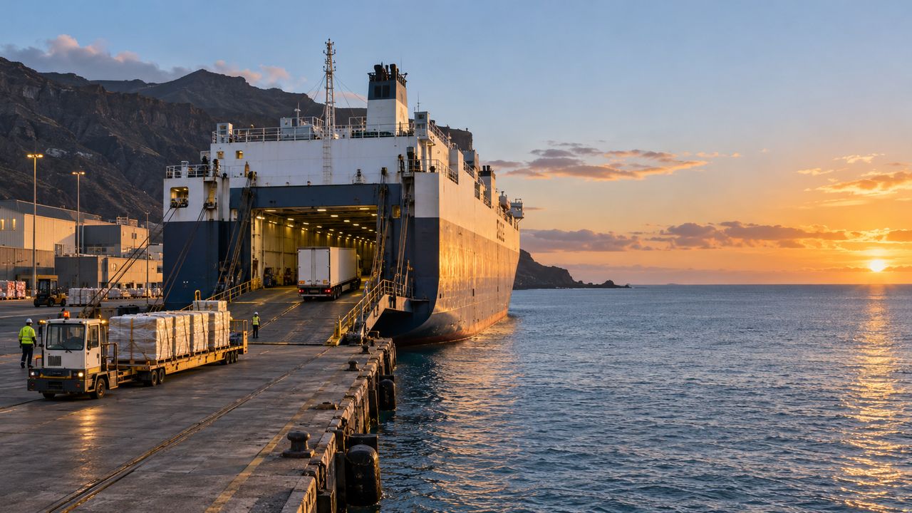 Puerto insular y mercancía preparada para el enlace marítimo